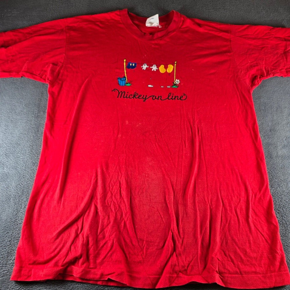 Vintage Disney Mickey Mouse Mickey On Line Embroidered Red T-Shirt XL